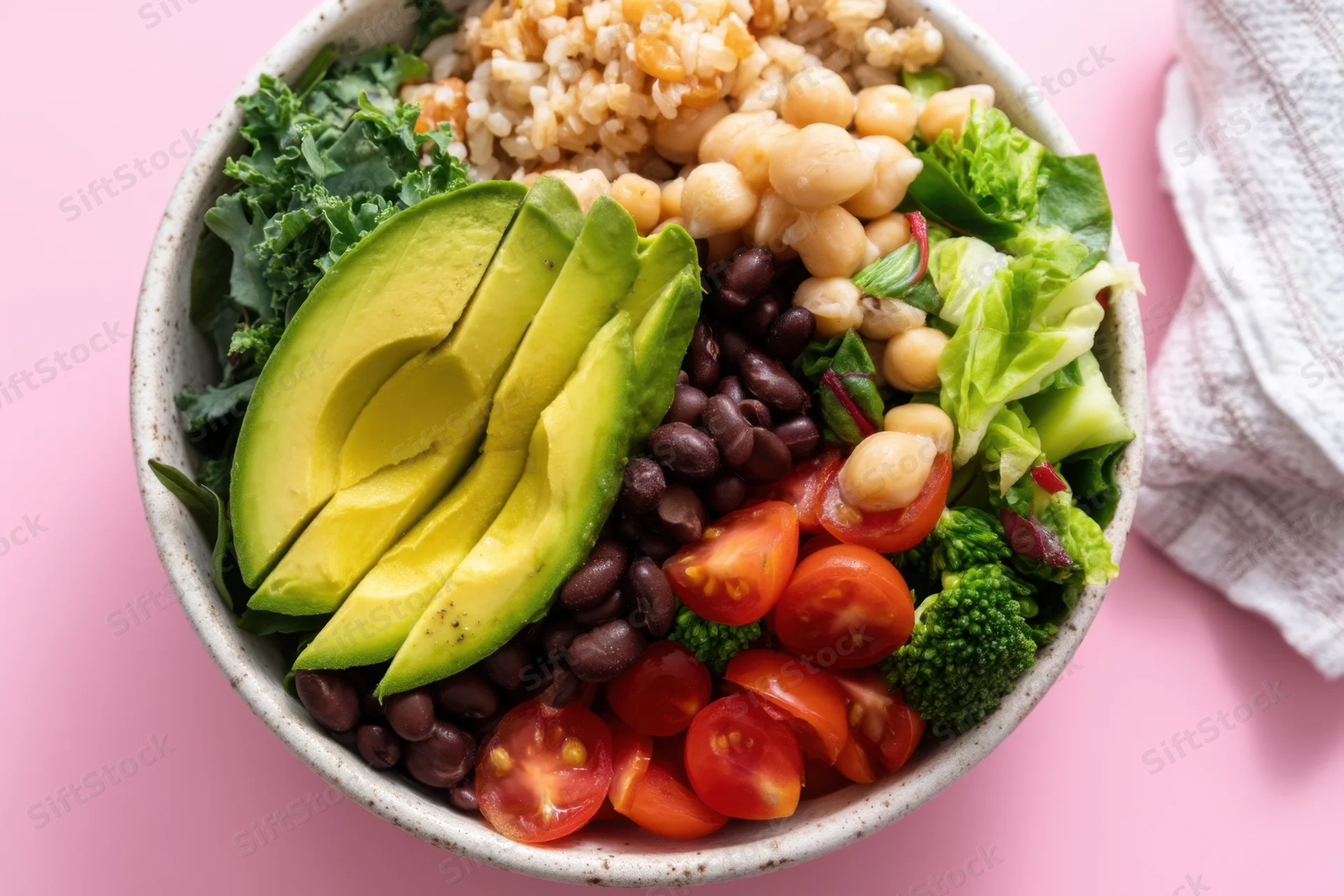 A ceramic bowl filled with sliced avocado, cherry tomatoes, chickpeas, black beans, broccoli, kale, lettuce, and quinoa on a pink surface with a cloth napkin beside it