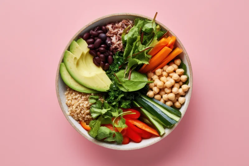 A colorful bowl of plant-based salad with avocado, beans, quinoa, vegetables and greens arranged on a pink background