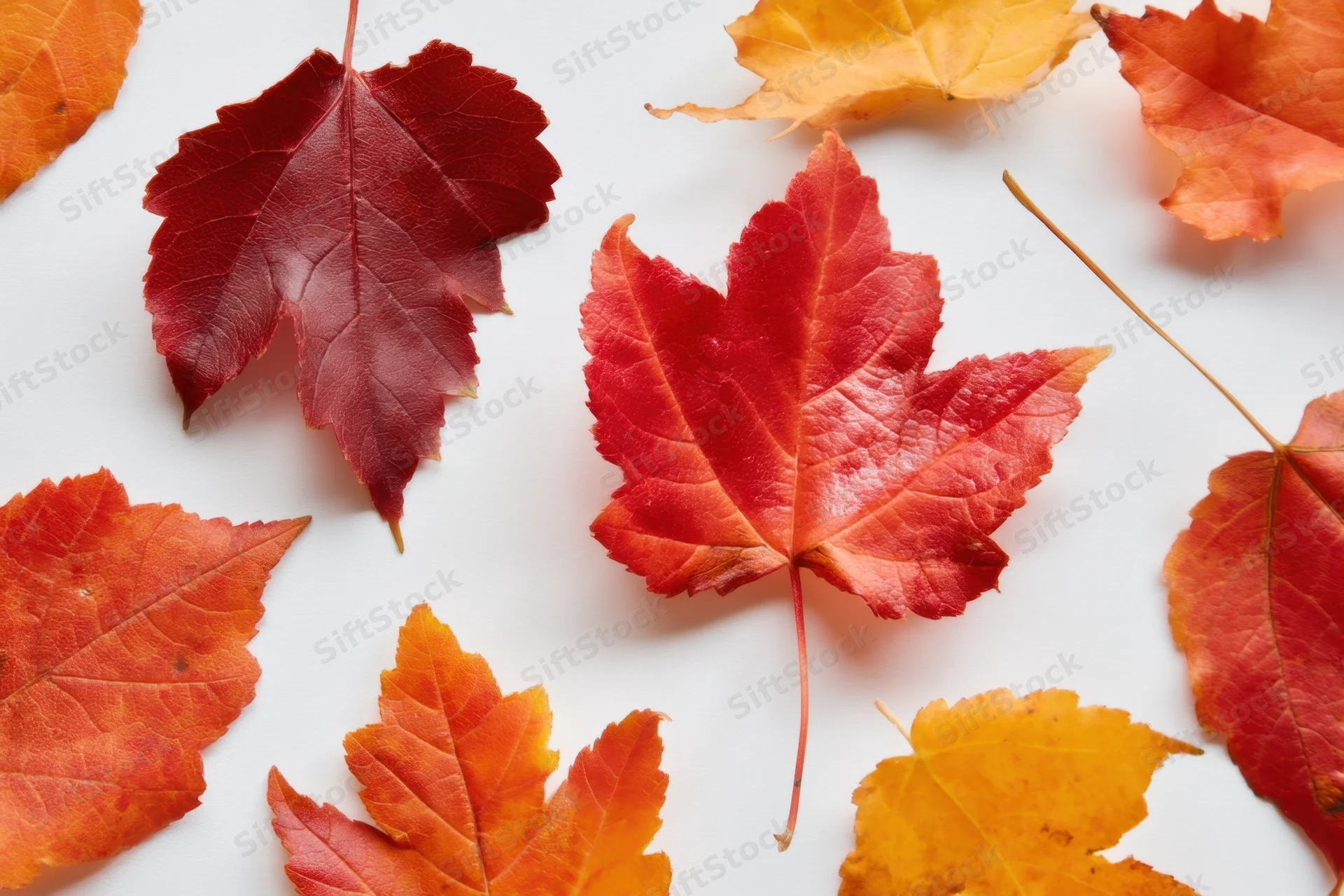 Scattered maple leaves in autumn colors arranged on white background