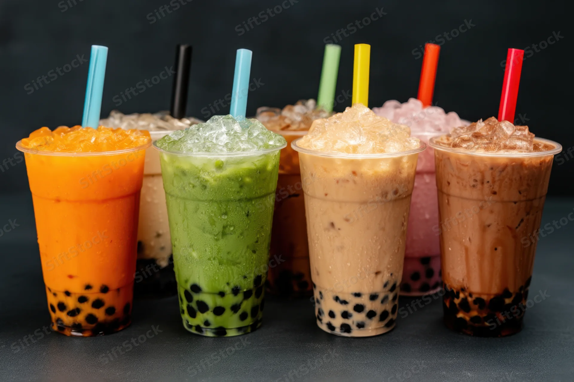Assorted bubble tea drinks lined up on dark surface with colorful straws and toppings