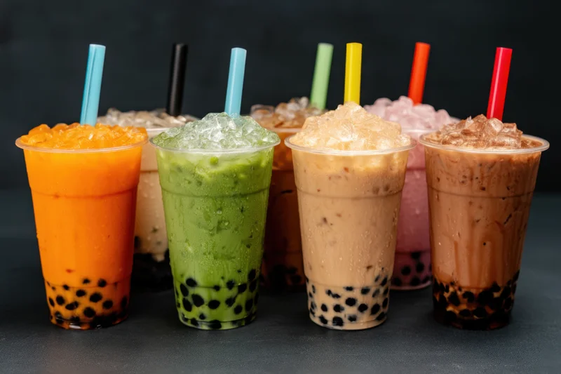 Assorted bubble tea drinks lined up on dark surface with colorful straws and toppings