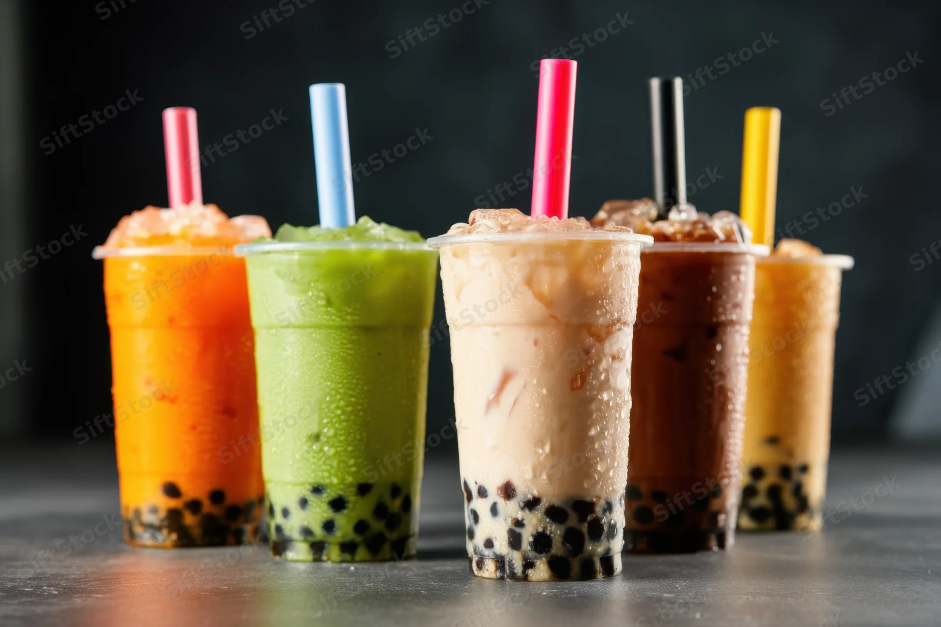 Five bubble tea drinks with colorful straws lined up on a dark surface