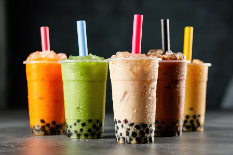 Five bubble tea drinks with colorful straws lined up on a dark surface
