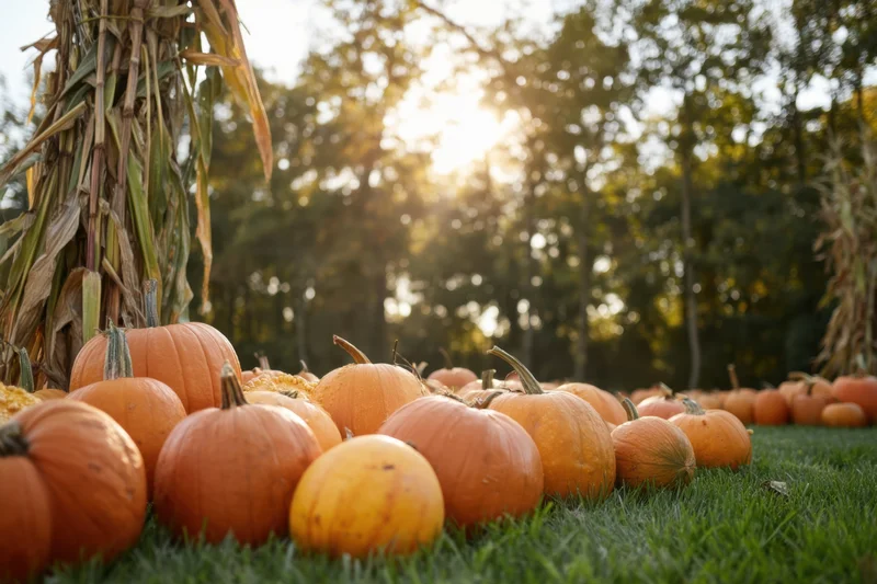 Pumpkins arranged on grass near cornstalks in a field during golden hour