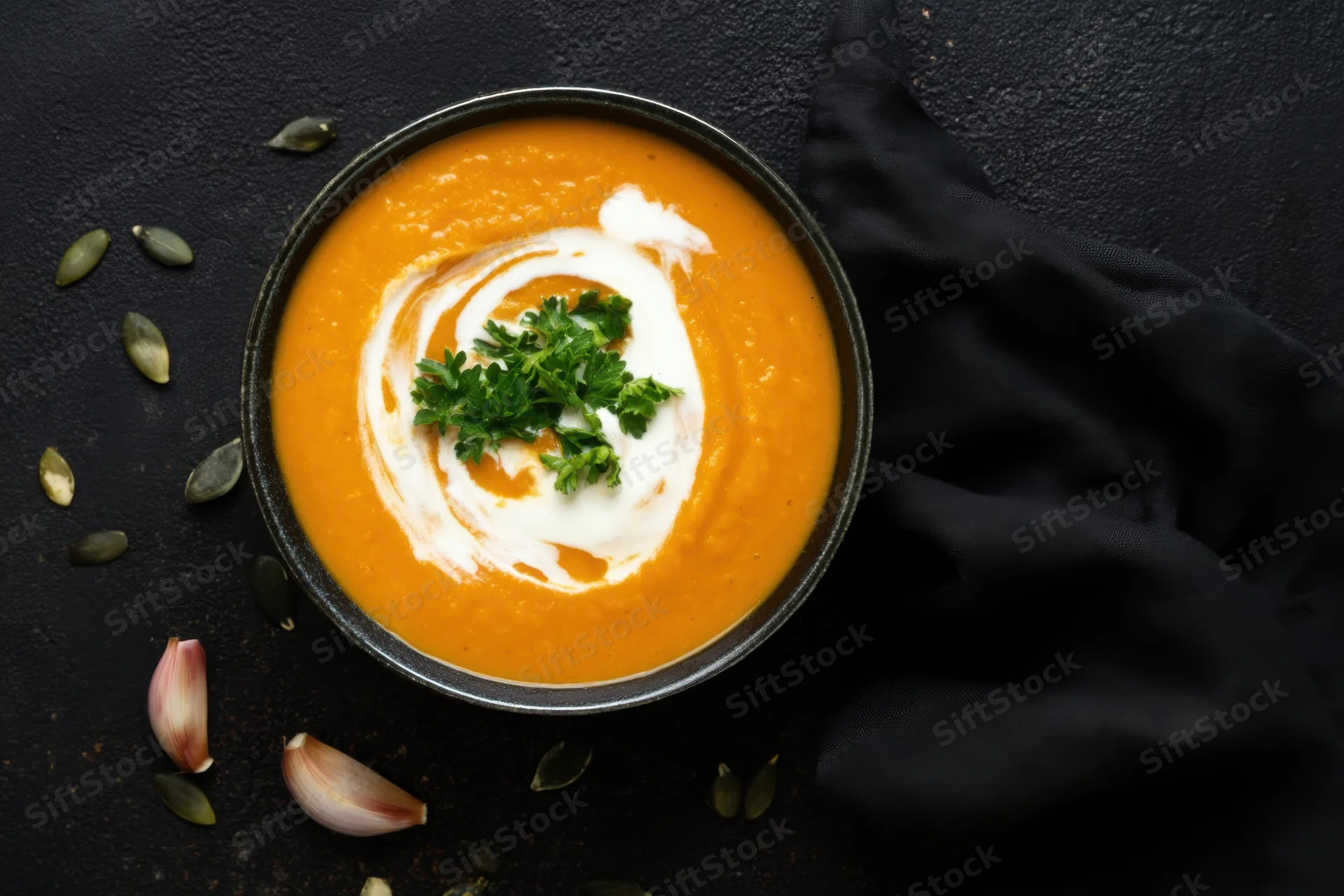 Orange soup with cream swirl and parsley garnish in a bowl on dark surface with scattered seeds and garlic cloves