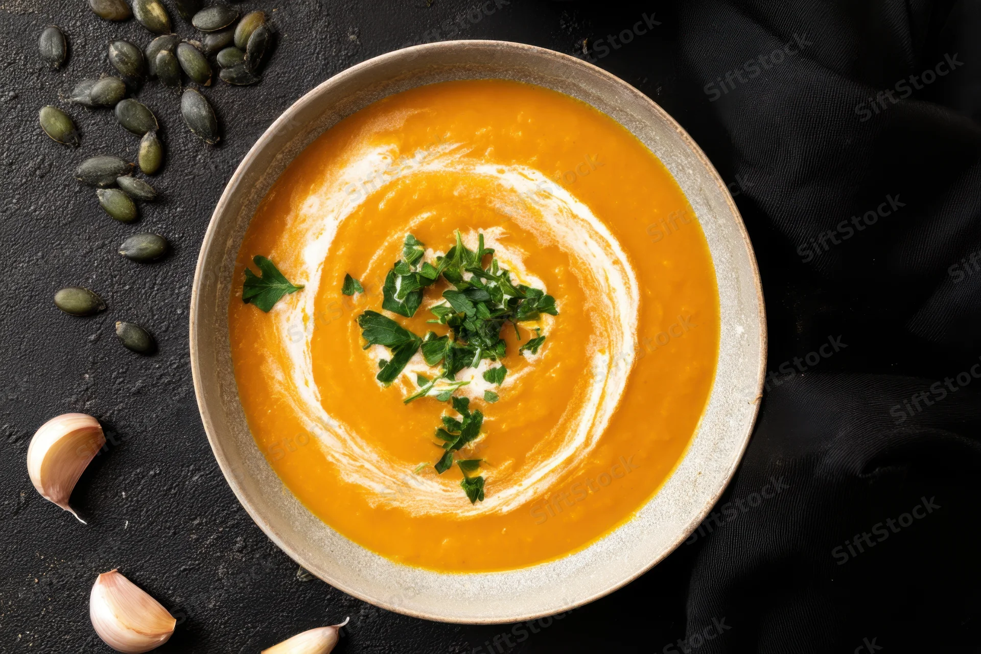 Bowl of orange pumpkin soup with cream swirl and parsley garnish on dark surface