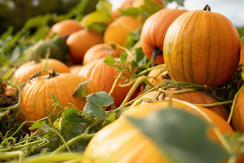 Pumpkins of various sizes and shapes resting on vines and leaves in a field during autumn harvest