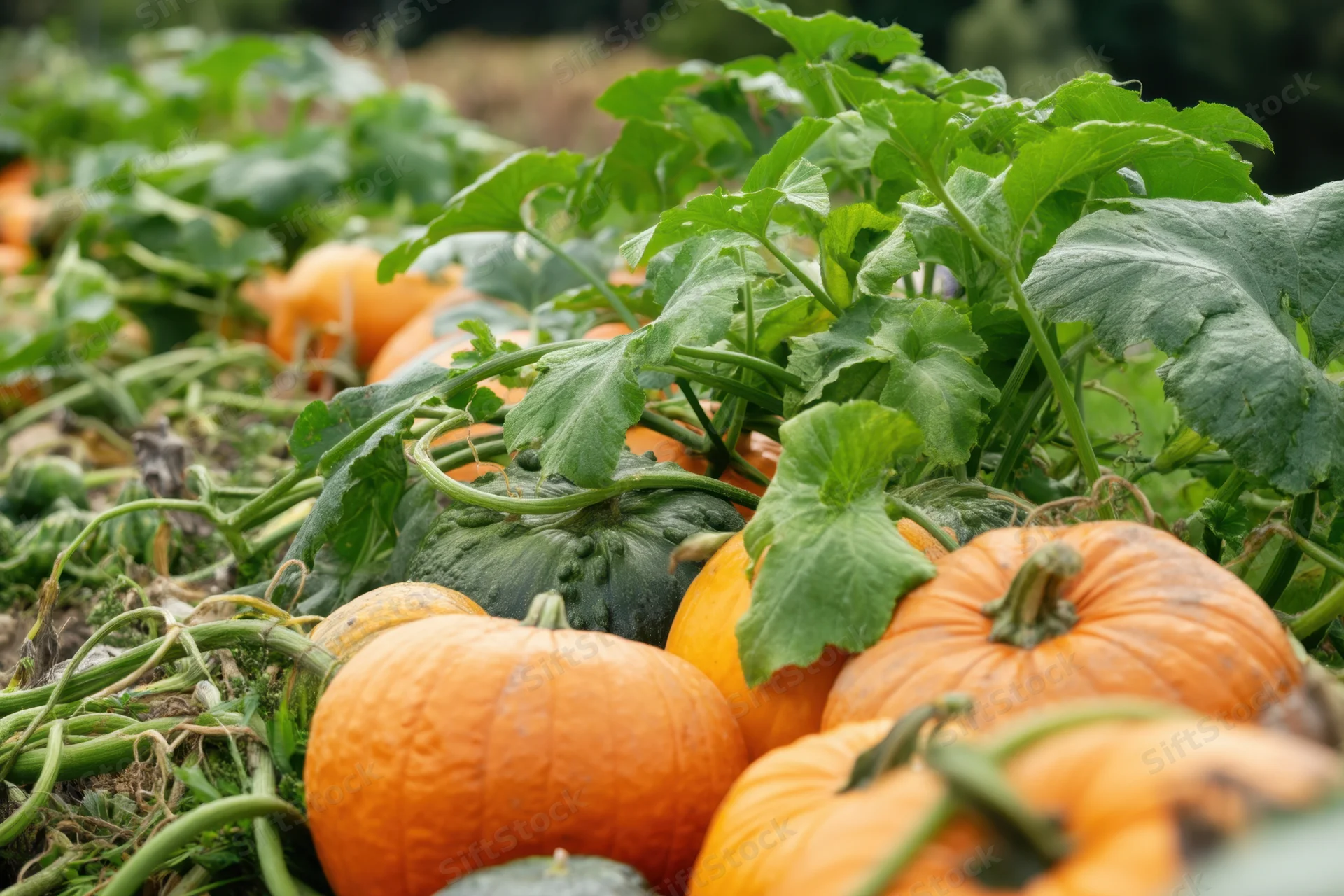 Pumpkins growing on vines in a field during autumn harvest