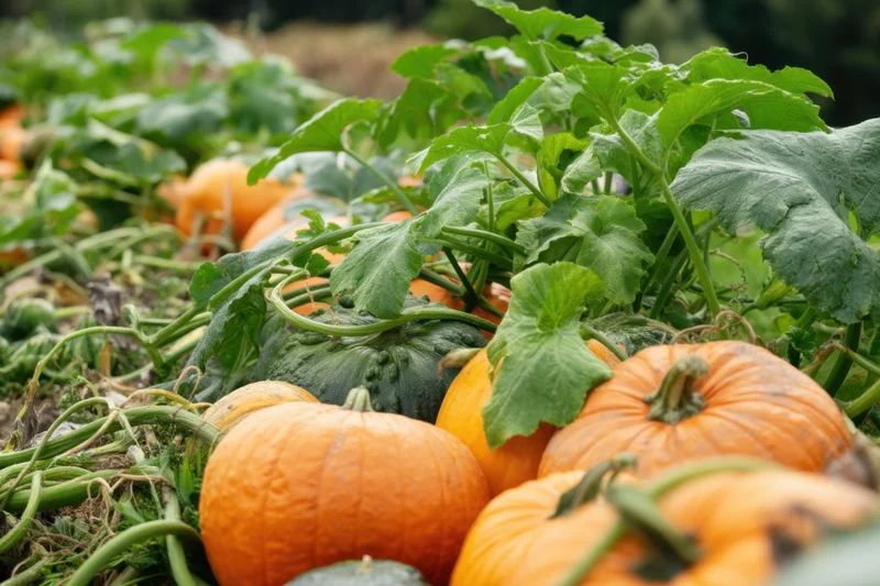 Pumpkins growing on vines in a field during autumn harvest
