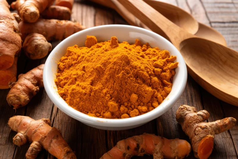 Vibrant mound of turmeric powder in a white bowl surrounded by fresh roots and wooden spoons on a dark wooden table