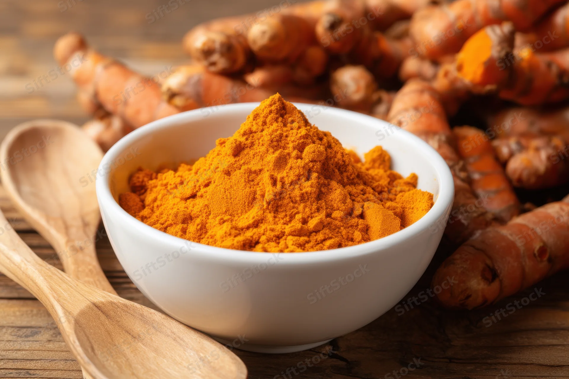 Mound of turmeric powder in a white bowl with wooden spoons and fresh roots on a rustic wooden table