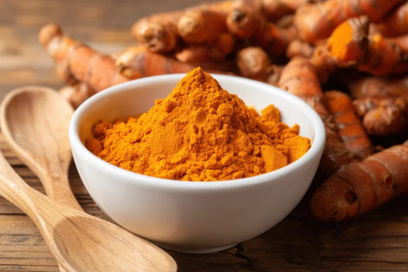 Mound of turmeric powder in a white bowl with wooden spoons and fresh roots on a rustic wooden table