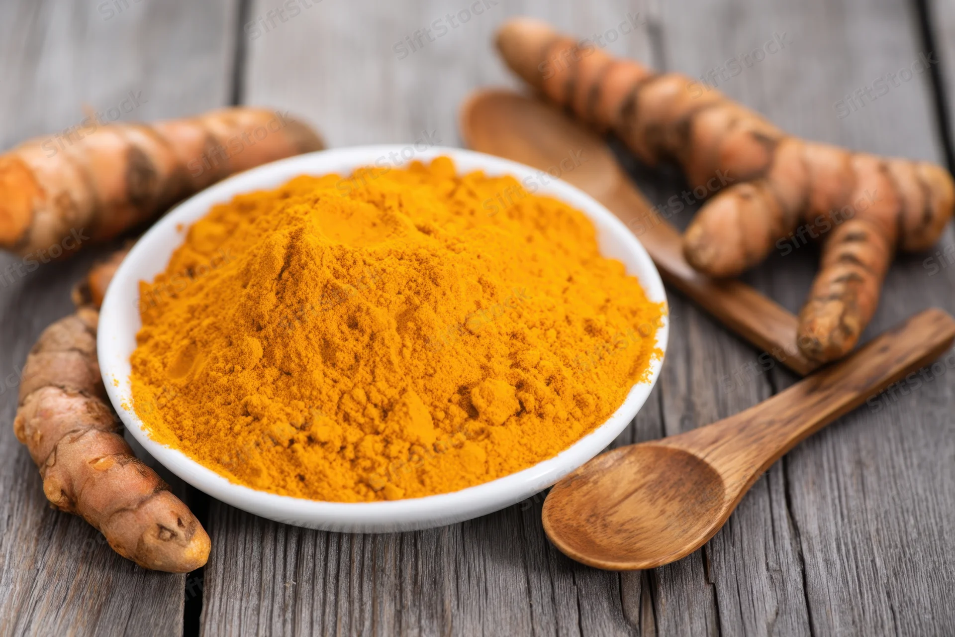 Mound of turmeric powder in a white bowl surrounded by fresh roots and wooden spoons on a rustic wooden table