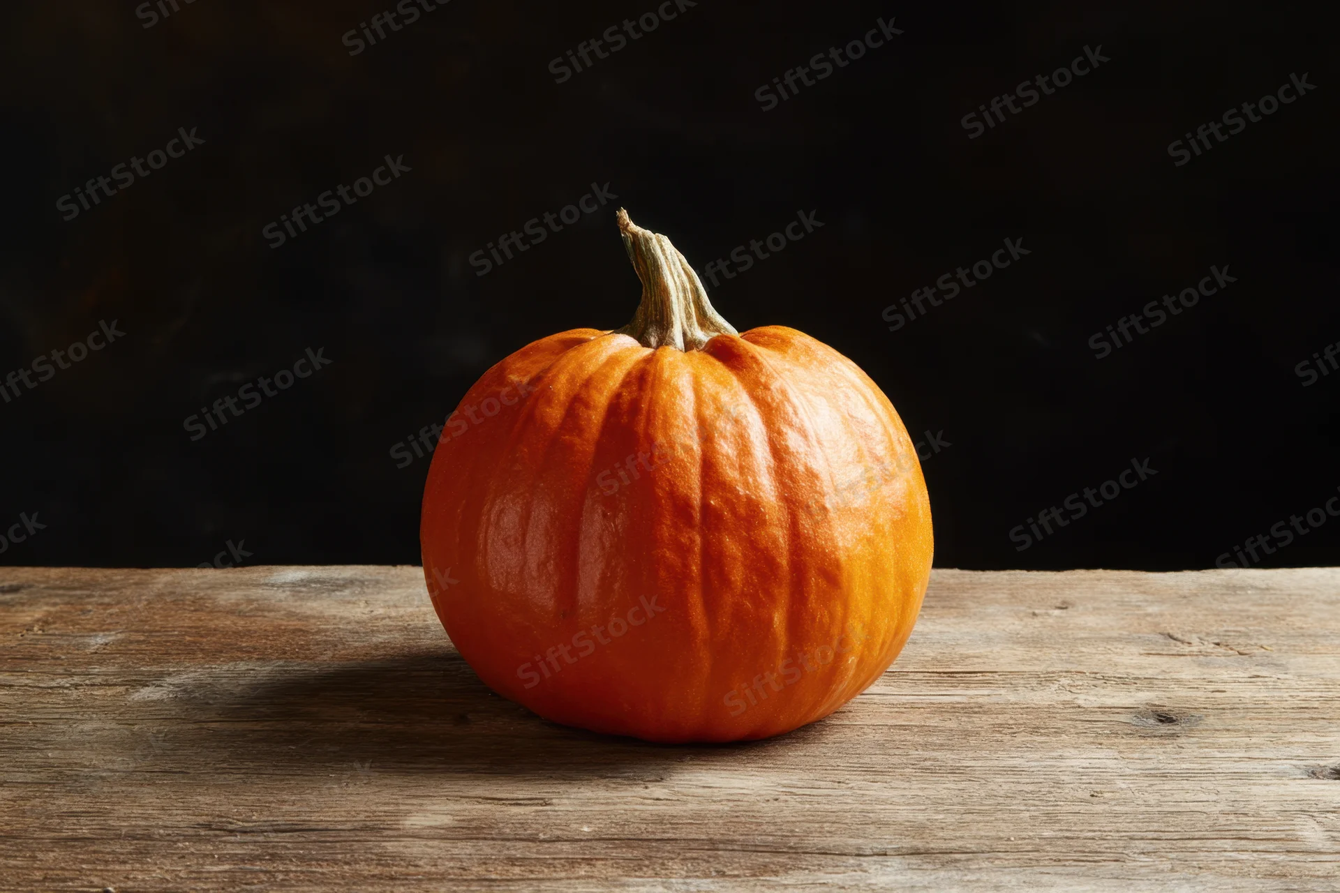 Orange pumpkin resting on weathered wooden surface against dark background