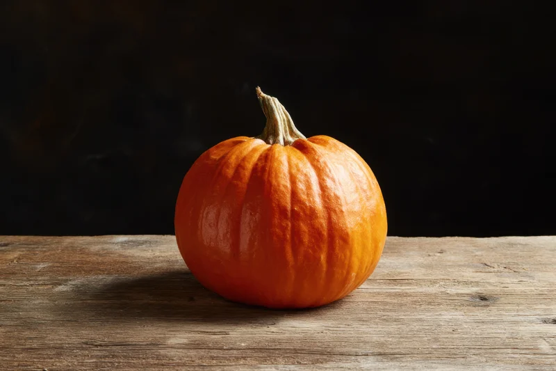 Orange pumpkin resting on weathered wooden surface against dark background