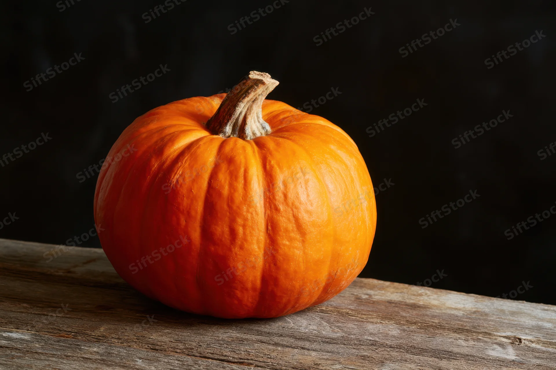 Orange pumpkin resting on weathered wooden surface against dark background