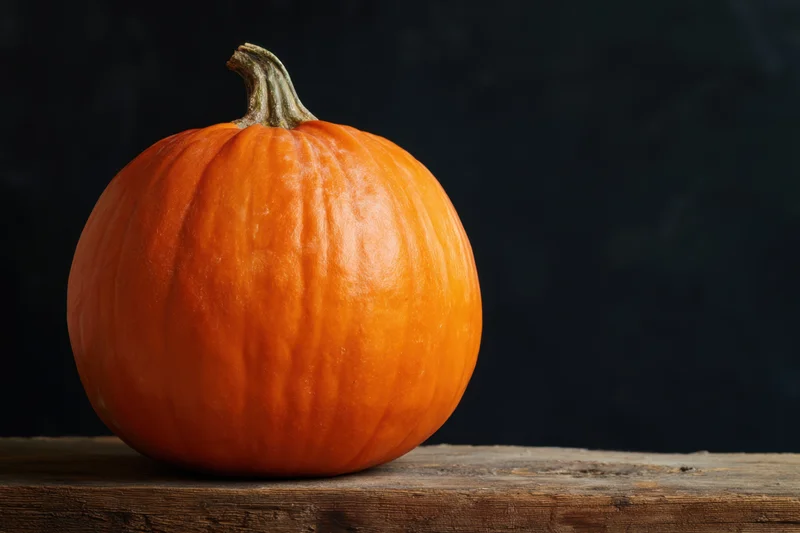 Orange pumpkin resting on weathered wooden surface against dark background