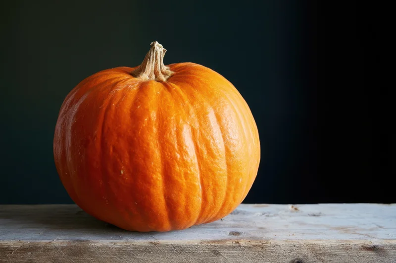 Orange pumpkin resting on a weathered wooden surface against a dark background