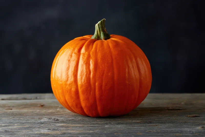 Vibrant orange pumpkin resting on a weathered wooden surface