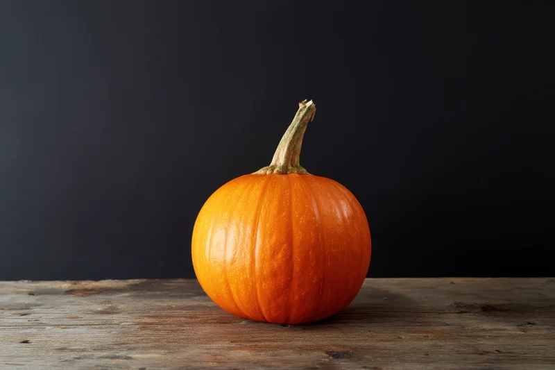 Orange pumpkin resting on weathered wooden surface against dark background