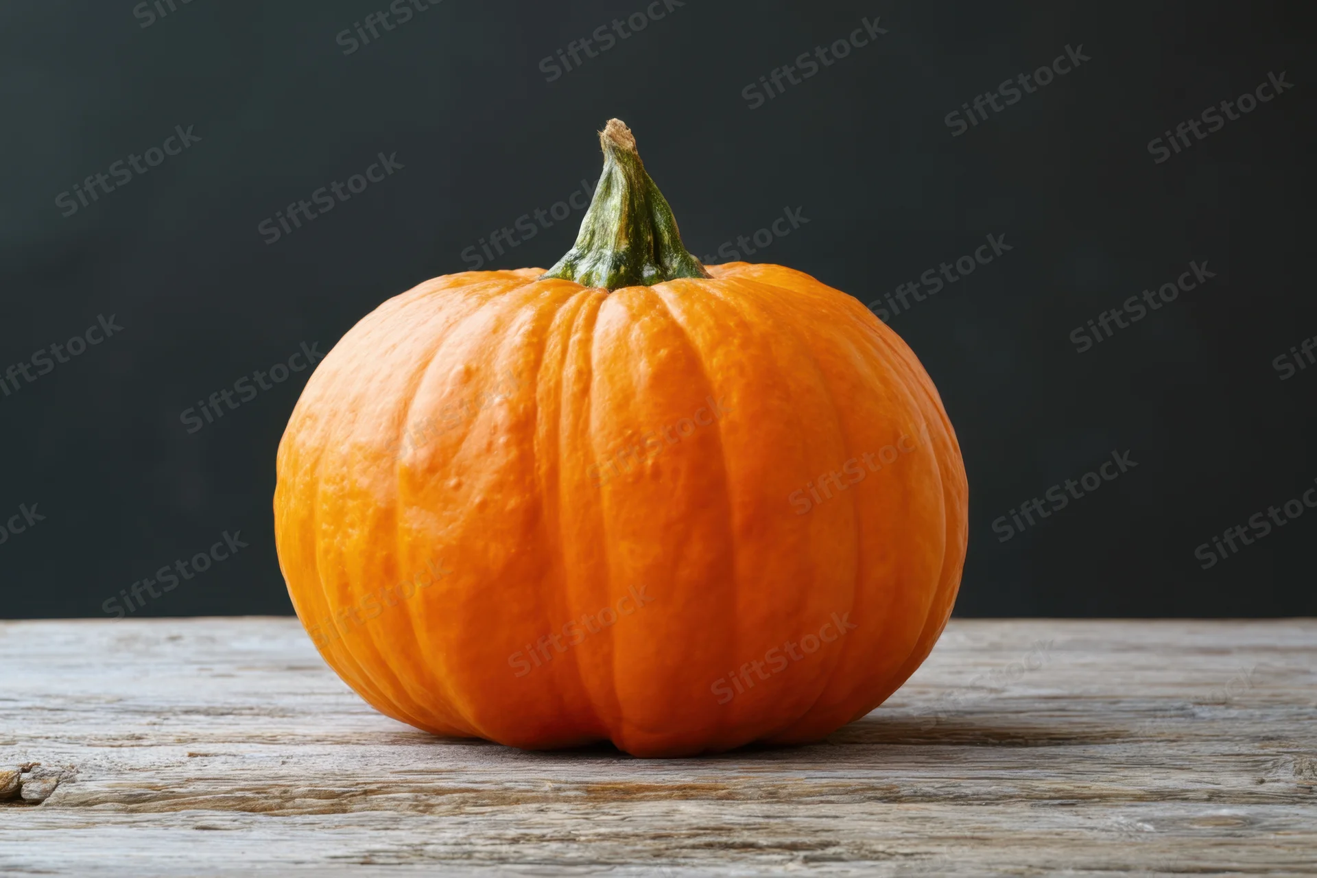 Vibrant orange pumpkin resting on a weathered wooden surface