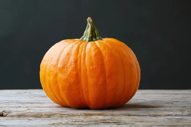 Vibrant orange pumpkin resting on a weathered wooden surface