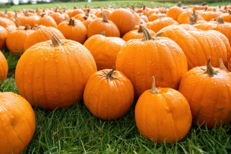 Plump pumpkins arranged in rows on green grass in a farm field
