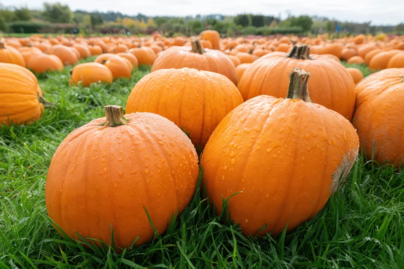 Plump pumpkins resting on green grass in a sprawling autumn field