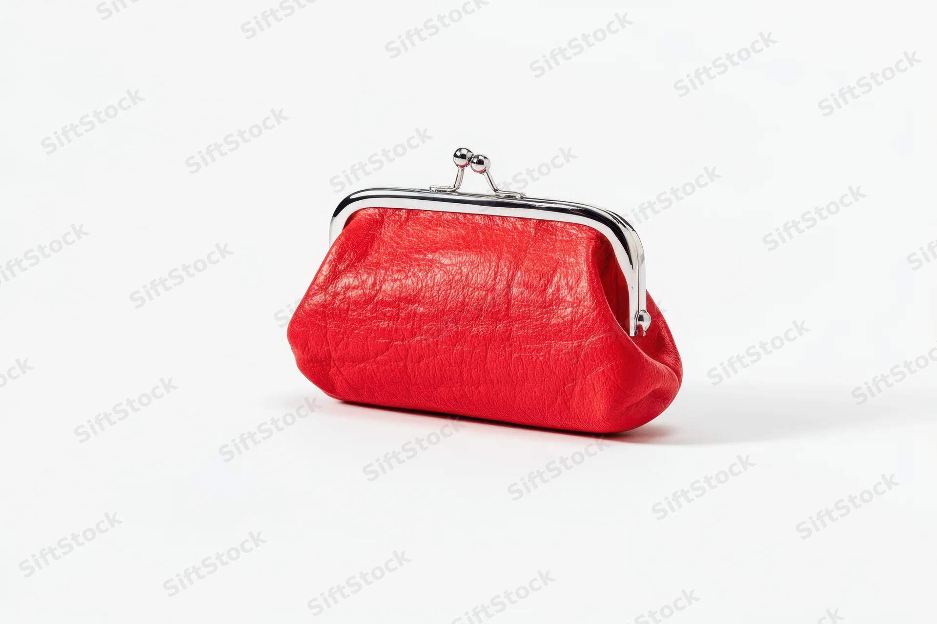 Red leather coin purse with silver clasp on white background