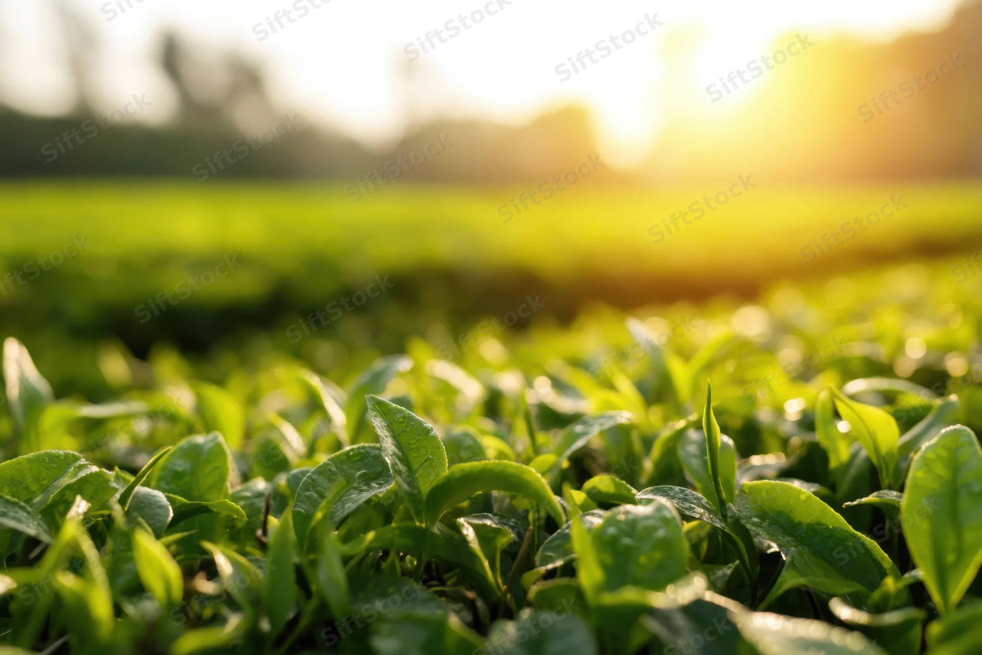 Closeup of fresh green tea leaves in a plantation at sunrise