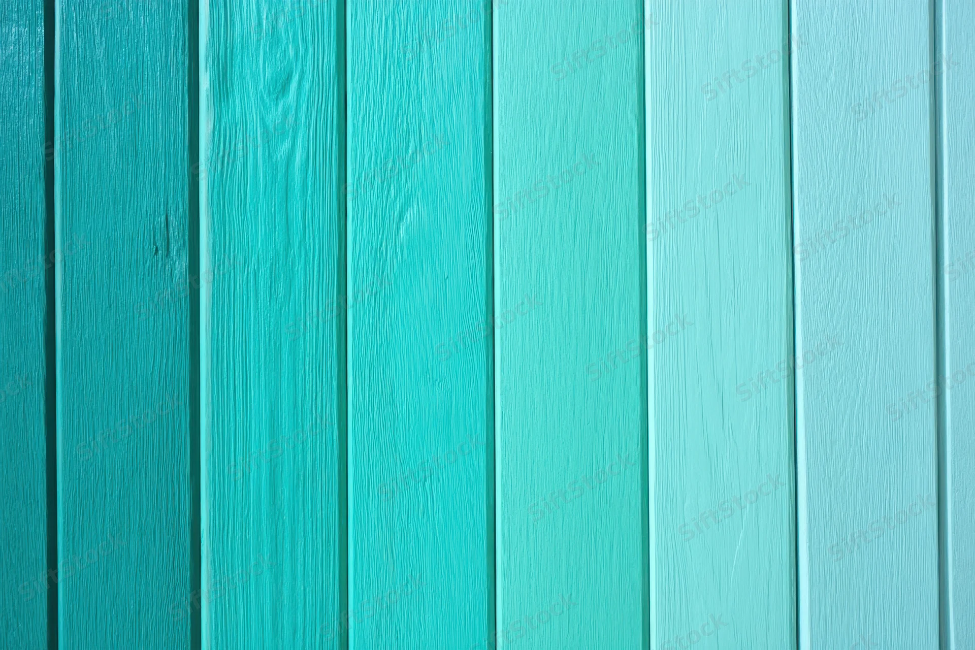 Vertical wooden panels painted in a turquoise to light blue gradient forming a wall surface