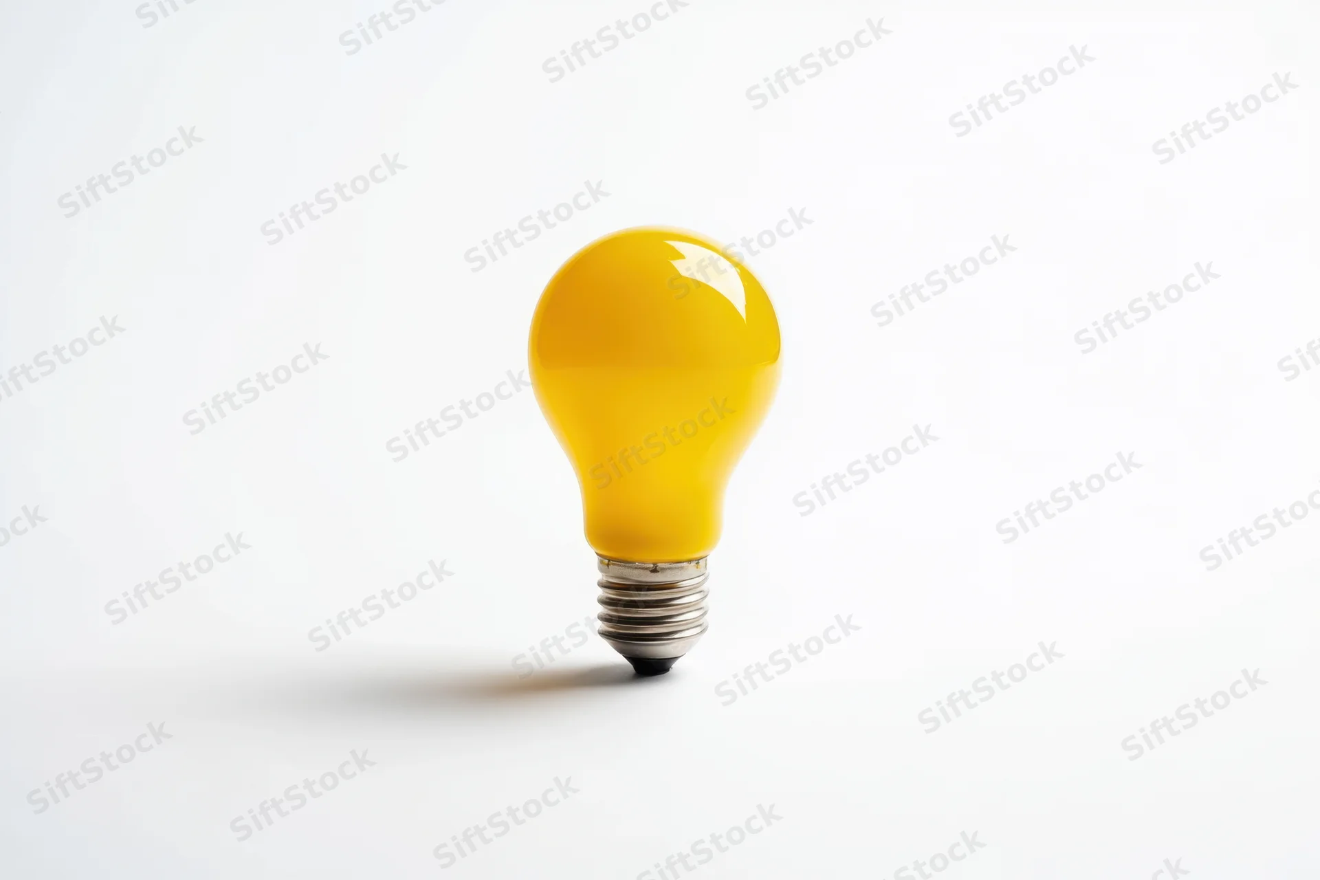 Yellow lightbulb standing upright on white surface