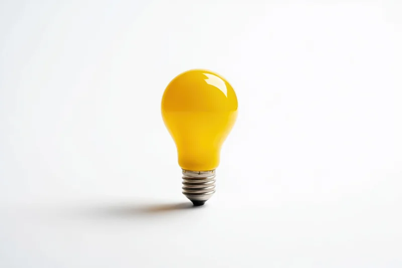 Yellow lightbulb standing upright on white surface