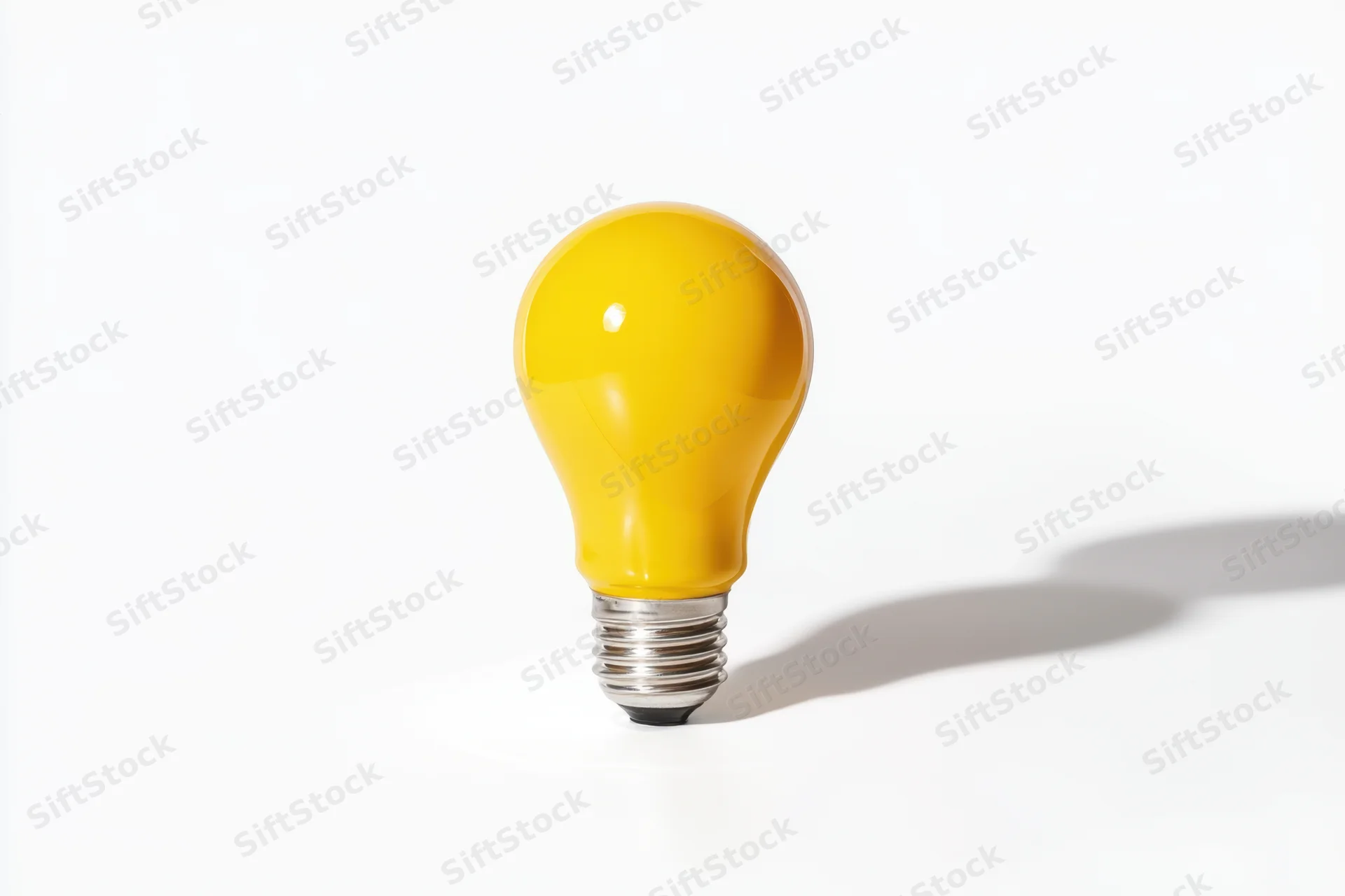 Yellow lightbulb standing upright on white surface casting shadow
