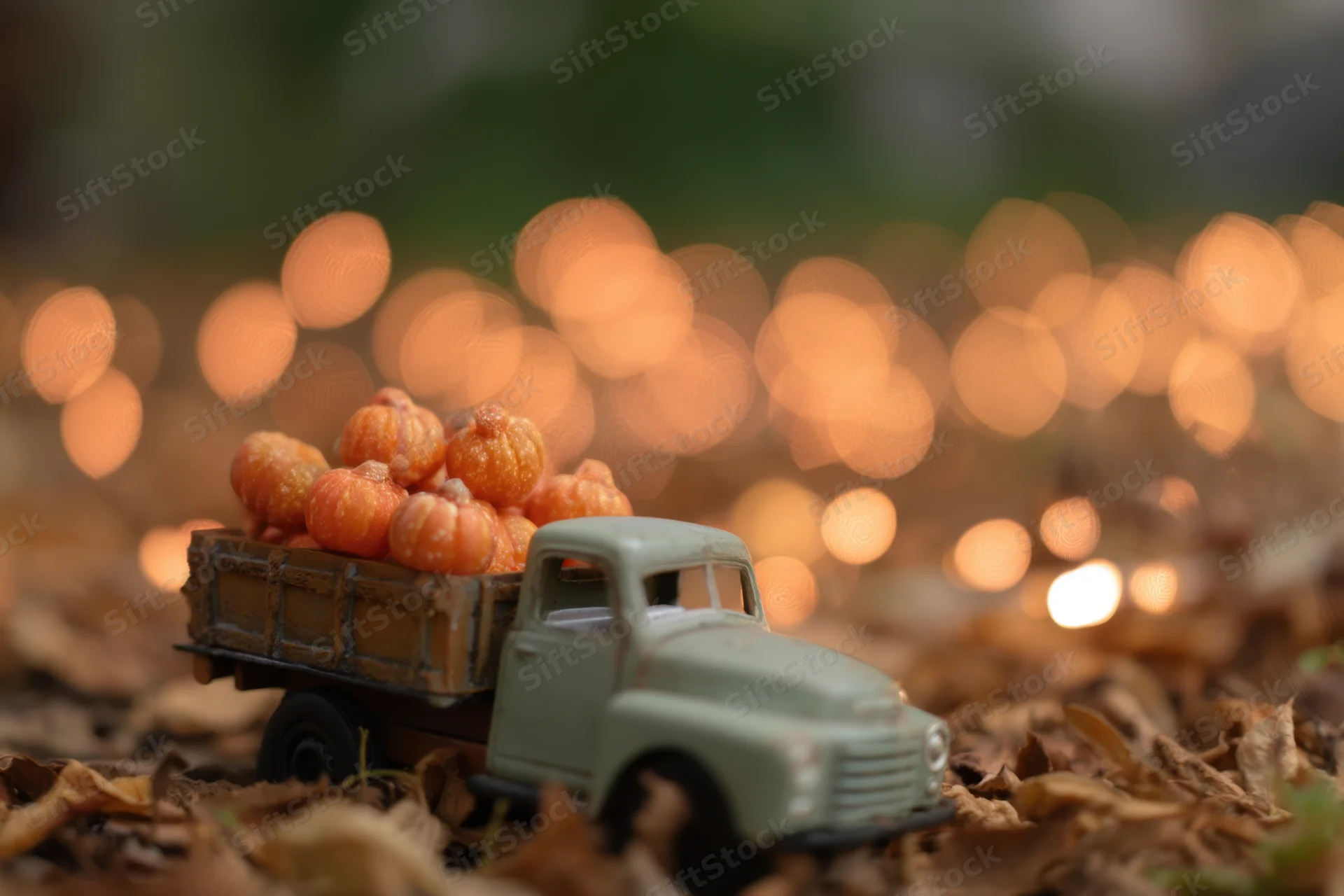 Vintage toy truck carrying small decorative pumpkins on a bed of dried autumn leaves with warm bokeh lights in the background