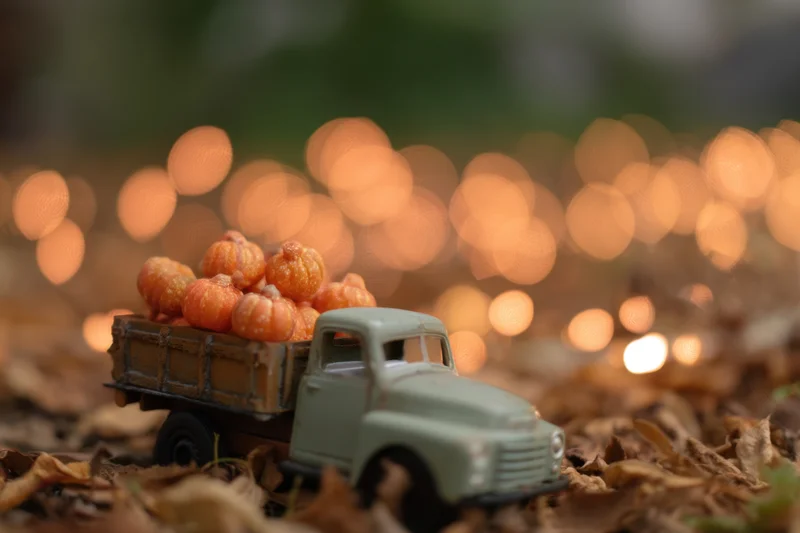 Vintage toy truck carrying small decorative pumpkins on a bed of dried autumn leaves with warm bokeh lights in the background