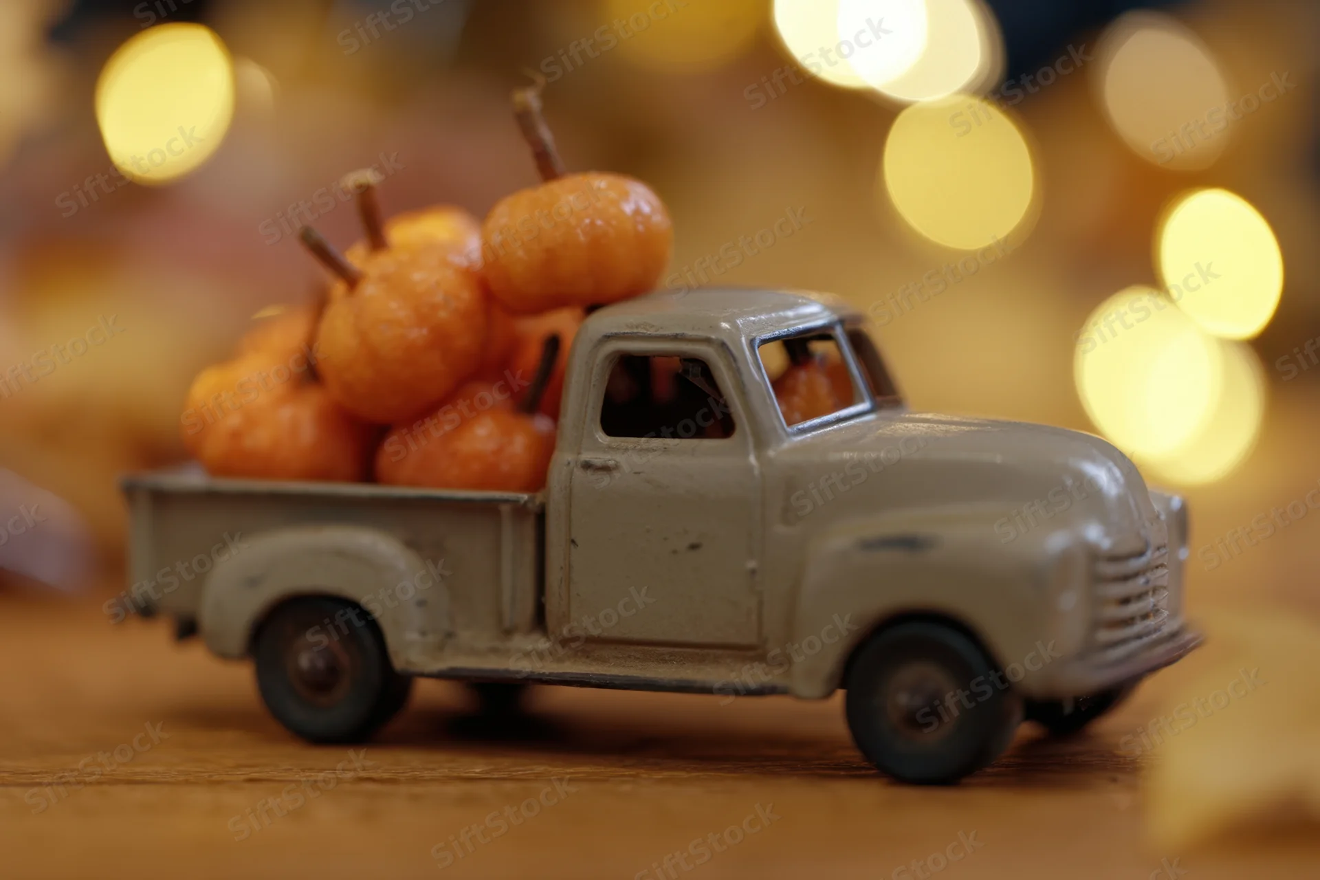 Vintage toy pickup truck carrying small decorative pumpkins on wooden surface with warm bokeh lights in background
