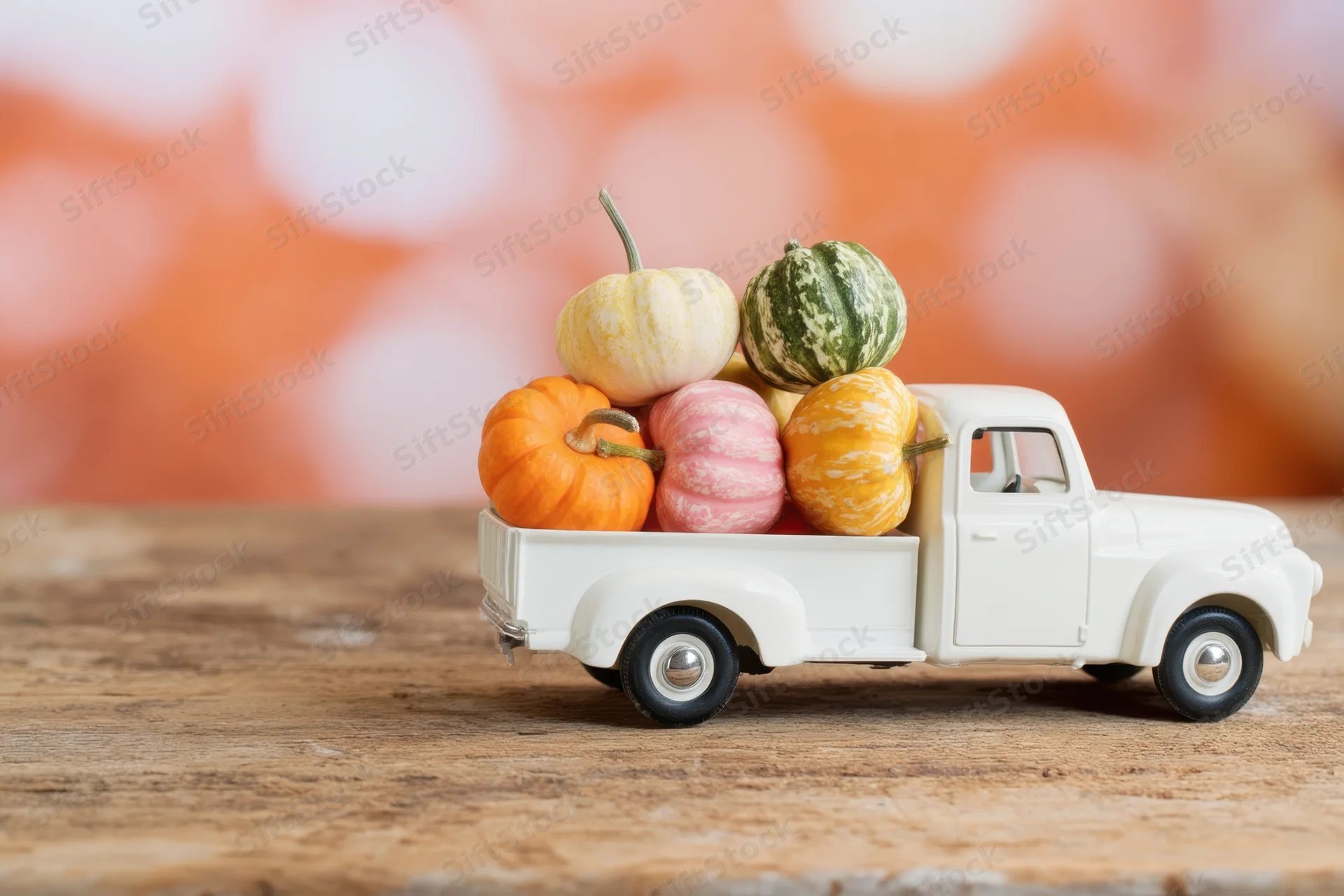 Vintage white toy truck carrying small colorful pumpkins and gourds on a wooden surface with blurred autumn background