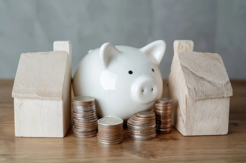 White piggy bank between two wooden house models on wooden table with stacks of coins in front