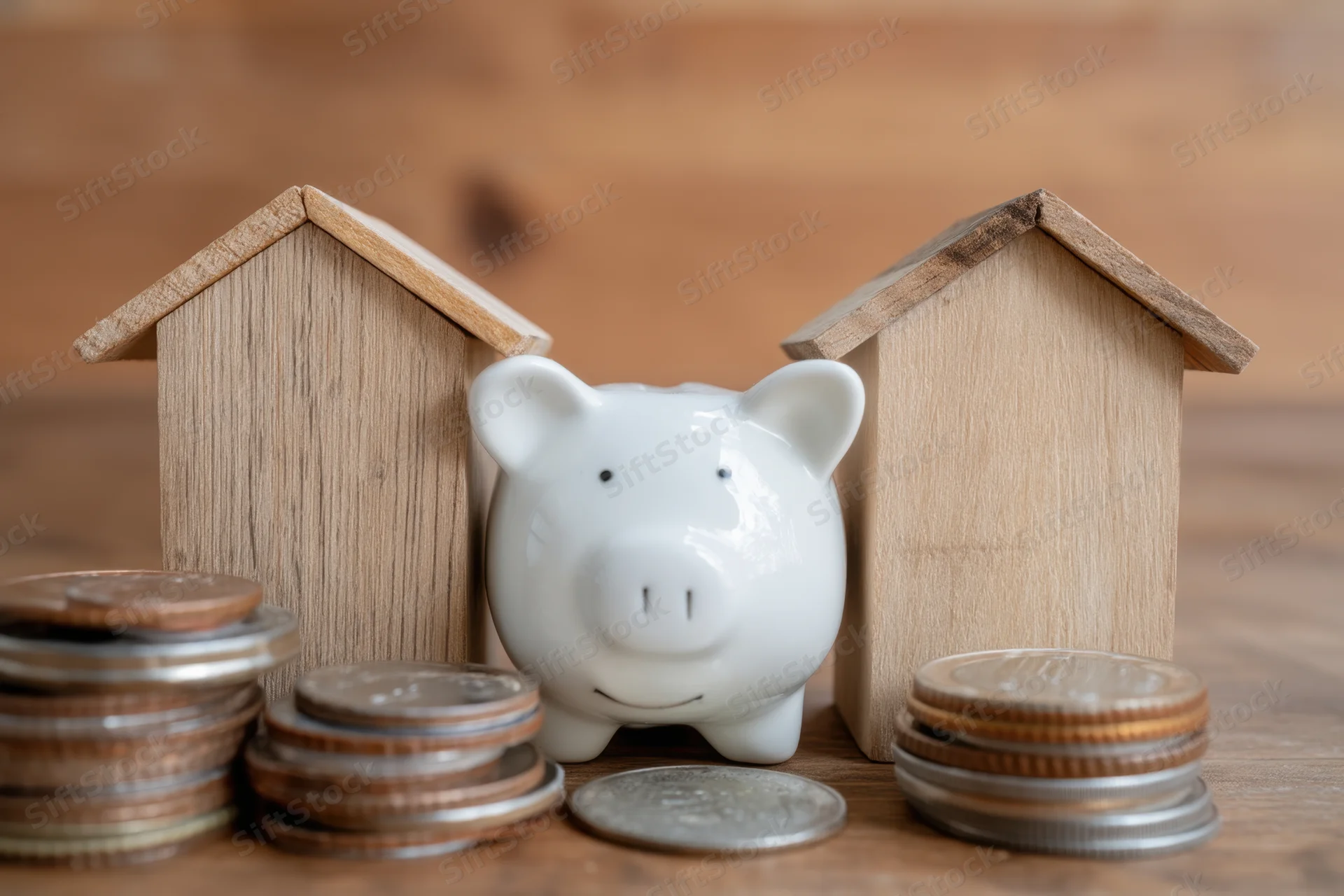 White ceramic piggy bank nestled between two wooden house models on a wooden surface surrounded by stacks of coins