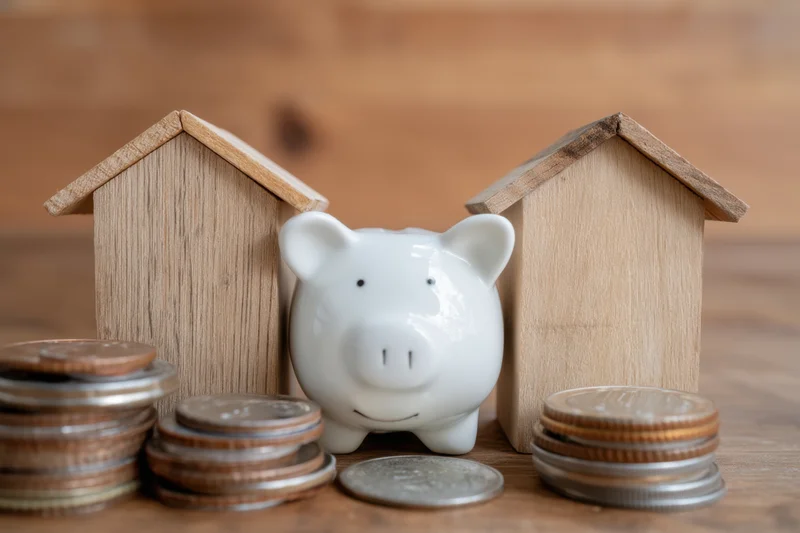 White ceramic piggy bank nestled between two wooden house models on a wooden surface surrounded by stacks of coins