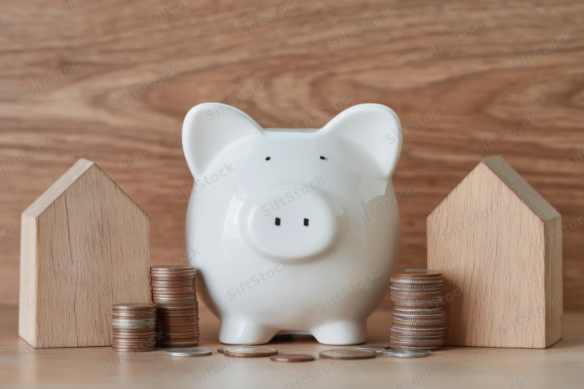 White piggy bank between two wooden house models on a wooden surface with stacks of coins around it