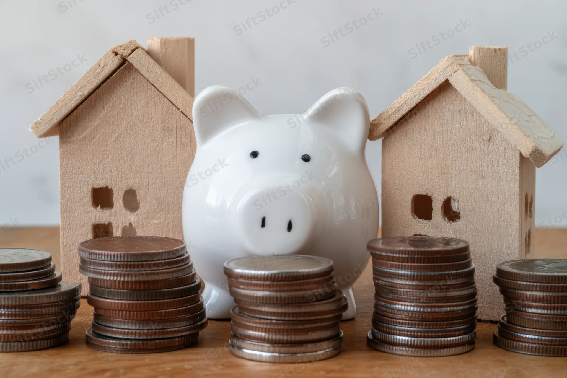 White piggy bank between two wooden house models on a wooden surface with stacks of coins around it