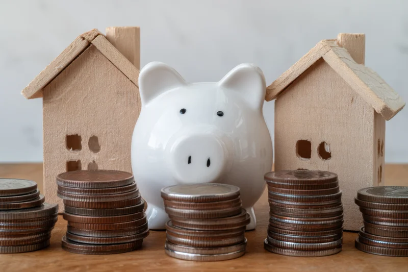 White piggy bank between two wooden house models on a wooden surface with stacks of coins around it