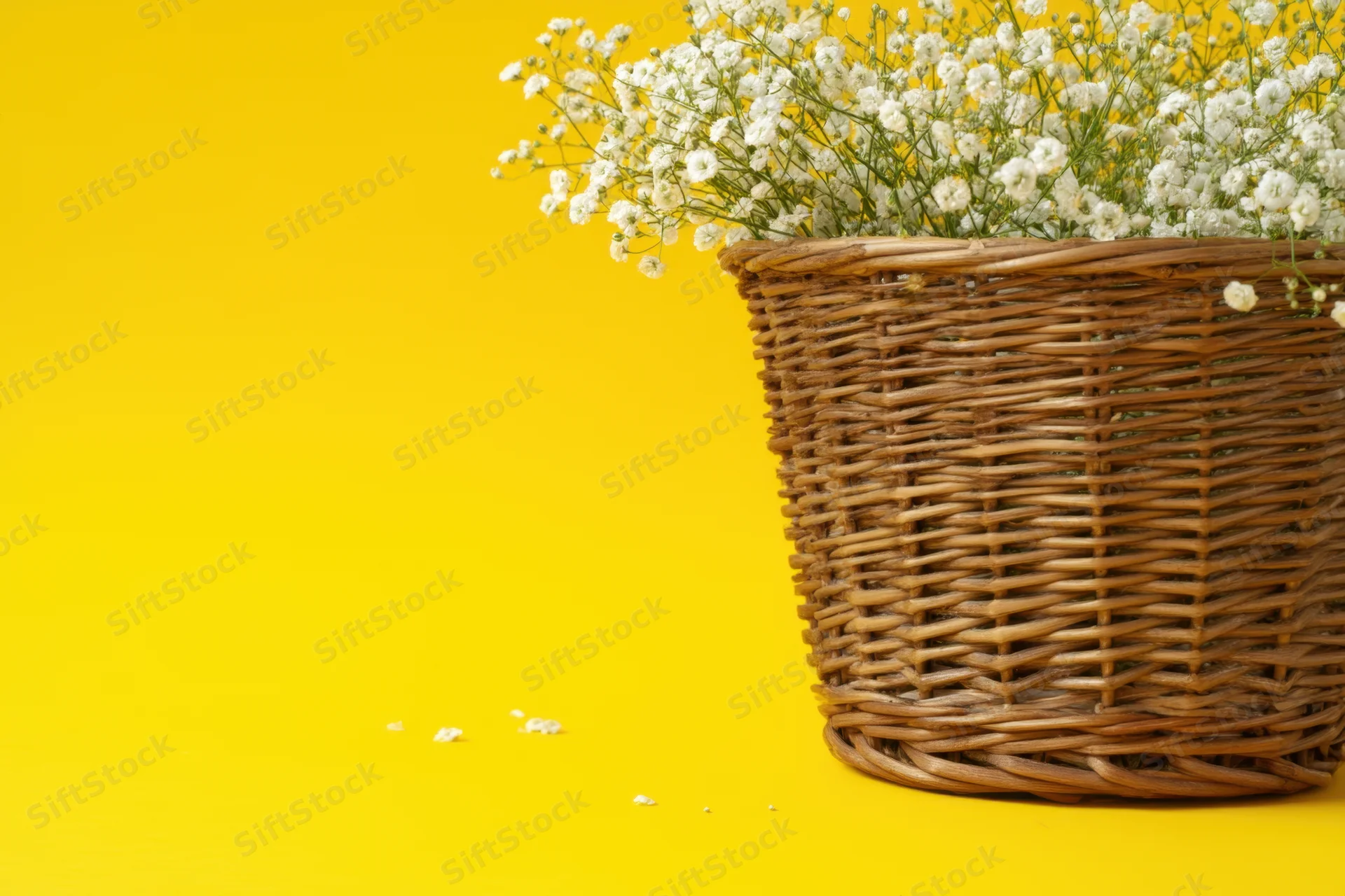 Wicker basket filled with white flowers on yellow background with copyspace