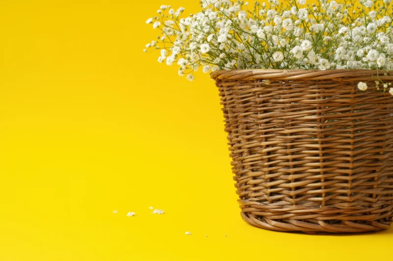 Wicker basket filled with white flowers on yellow background with copyspace