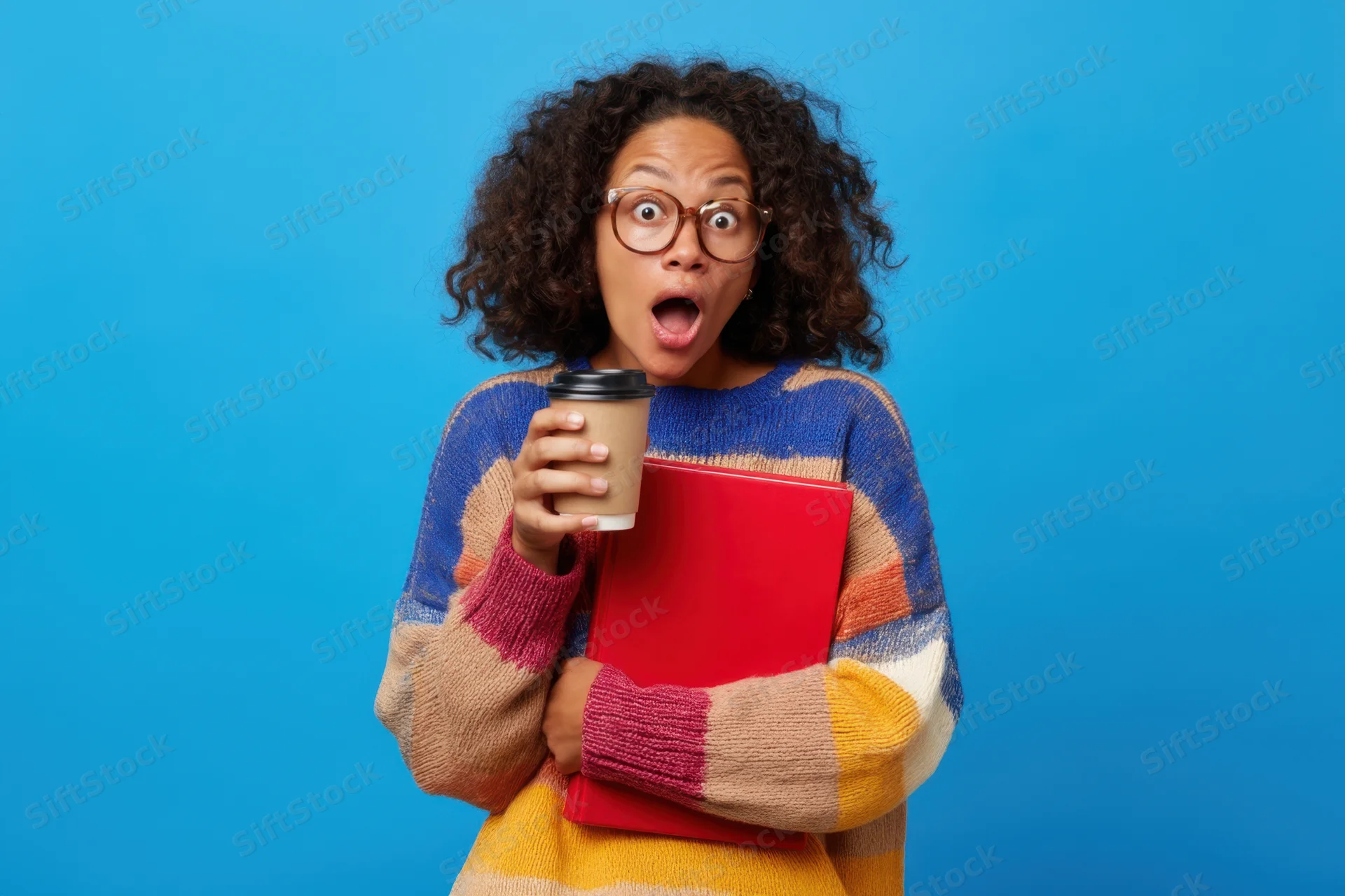 Woman with curly hair wearing colorful sweater holding coffee cup and red notebook, surprised expression against blue background