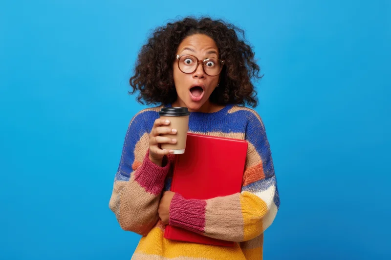 Woman with curly hair wearing colorful sweater holding coffee cup and red notebook, surprised expression against blue background