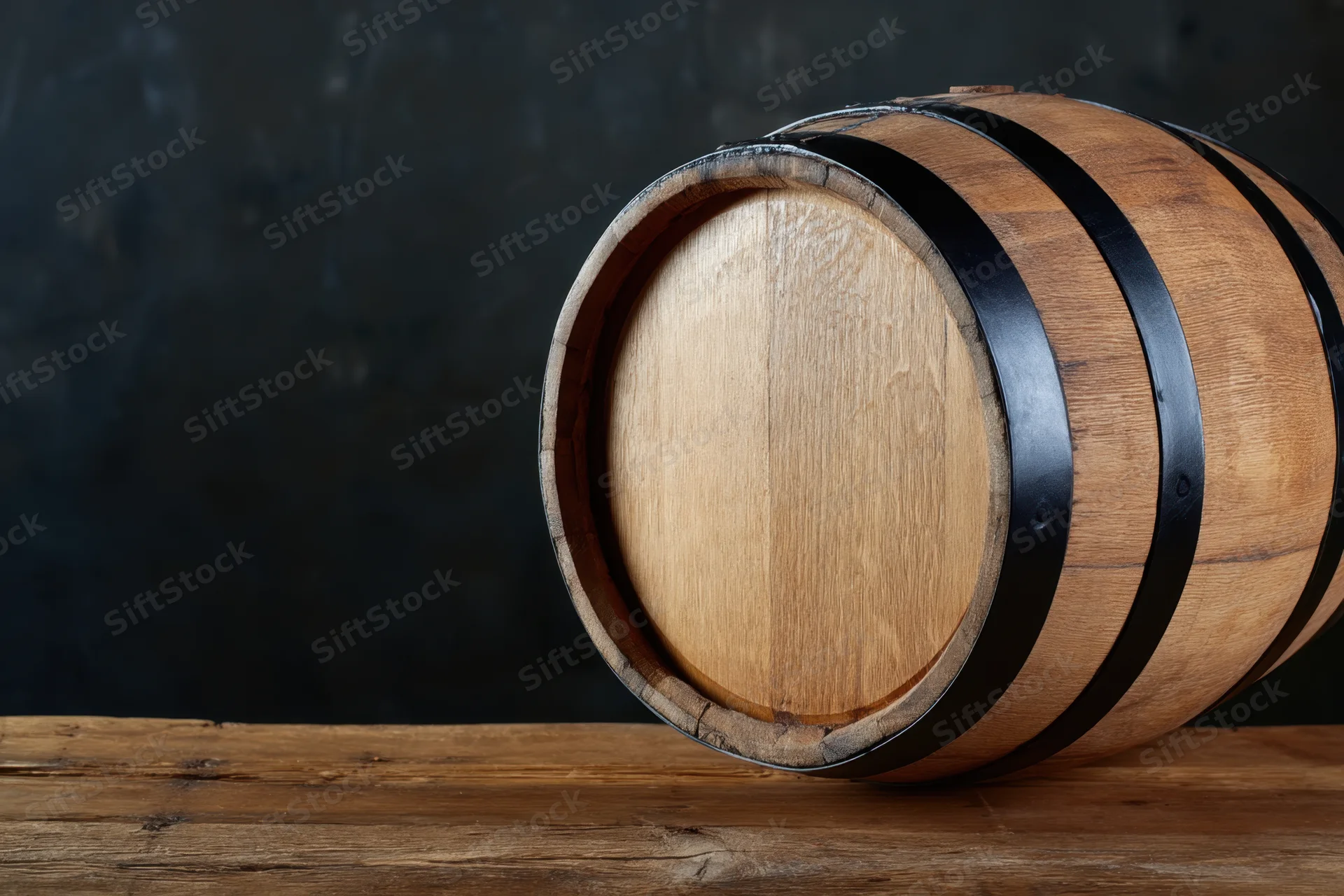 Wooden barrel resting horizontally on a rustic wooden table against a dark background
