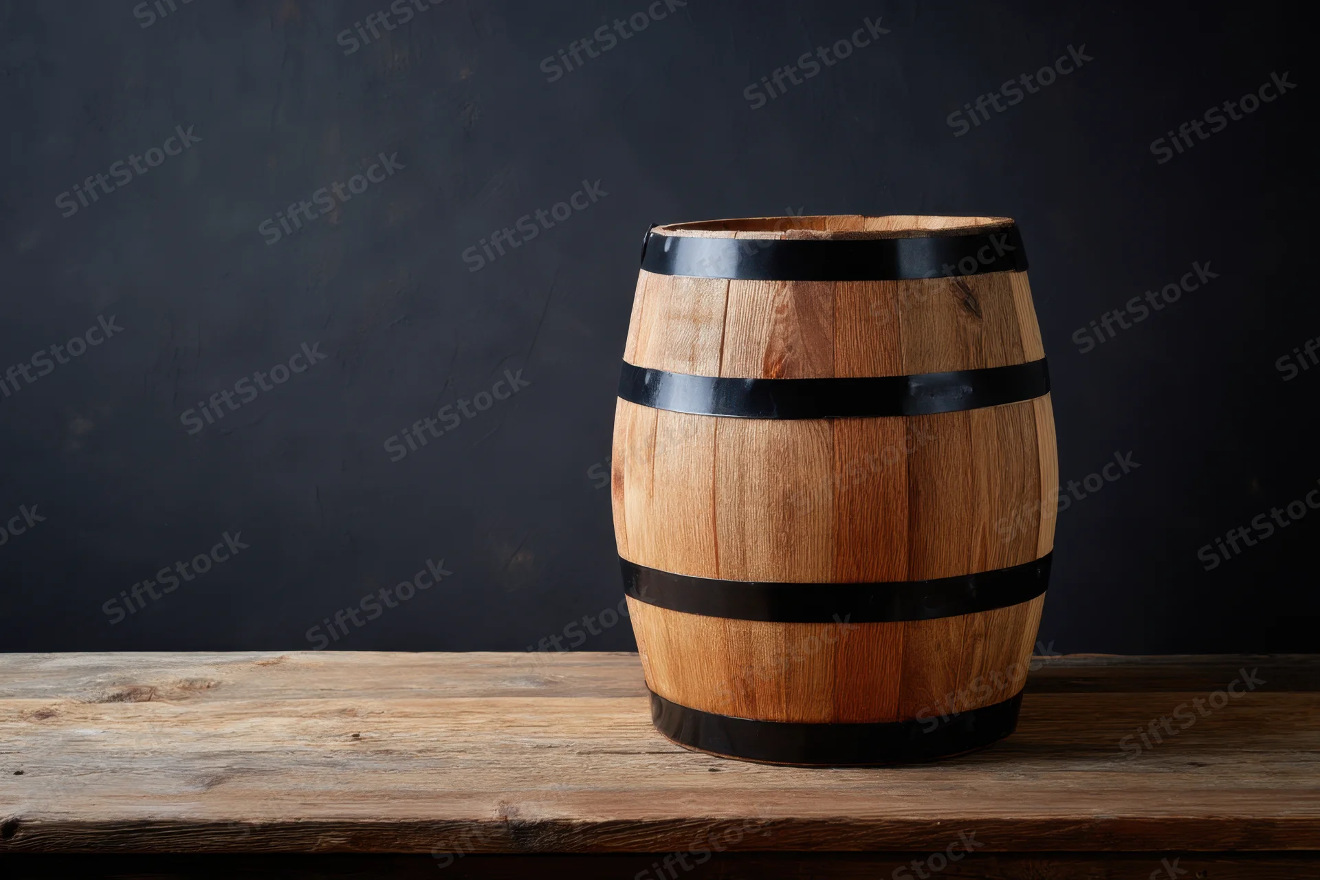 Wooden barrel resting on rustic wooden table against dark background